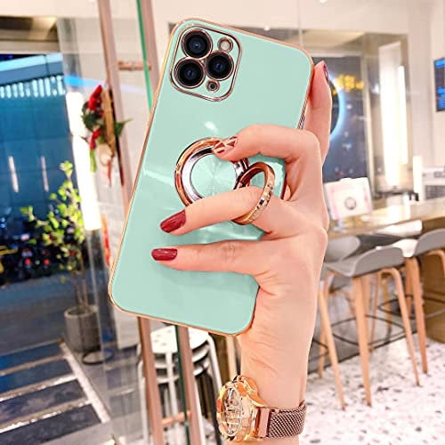 OWM iPhone 12 Pro Max Case with Ring Holder Stand Magnetic Back Silicone Shockproof Gold Edge Luxury Girls Women Protective Phone Cover Compatible for iPhone 12 Pro Max 6.7 inch (Mint Green)