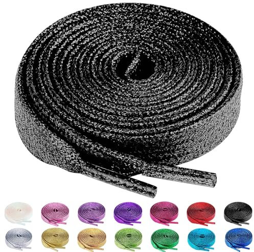 Olukssck 2 paia Lacci Piatti Glitter Metallici Premium, Stringhe Scarpe Sportive, Lacci per Sneakers Resistenti, Lunghezza 80-100 - 120-140 - 160 cm, Larghezza 10 mm, Nero, 140cm