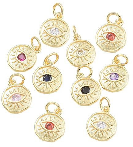 BEEFLYING 20 Stück Evil Eye Charms Anhänger Echt 18K Vergoldet Messing Charm Flach Rund Mit Auge Anhänger Für DIY Armband Halskette Ohrringe Schmuckherstellung Zubehör