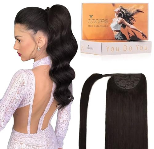 DOORES Pferdeschwanz Haarteil, Dunkel Braun 45cm 80g, Ponytail Extension Gerade Extensions Zopf Clip in Wickeln Sie um Remy Ponytail Echthaar Glattes Magic Paste