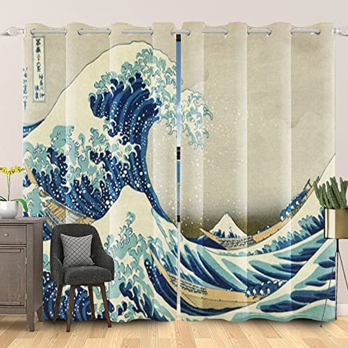 SDOTPMT 107x215cm Japonais Ukiyo-E Rideau de la fenêtre Moderne Abstrait Rétro Océan Vague Bateau en Bois Voilier pour Enfant Rideaux fenêtre Isolation Thermique Rideau Chambre, 2 Panneaux