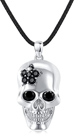 OHAYOO Skull Necklace Silver 925 Skull Pendant Necklace Hip Hop Punk Rock Chain Skull Cubic Zirconia Halloween Jewelry Gifts for Women Men