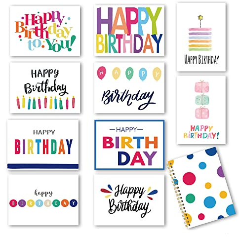 100 Birthday Cards, Happy Birthday Cards Bulk with Short Message Inside, 5x7 Inch Thick Card Stock Assorted Birthday Cards with Envelopes,10 Unique Designs for Men and Women.