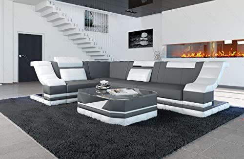 Sofa Dreams Ecksofa Bianchi Stoffsofa - mit LED Beleuchtung, verstellbare Kopfstützen, Mikrofaser/Ausrichtung wählbar (Ecke rechts, Weiss-Grau)