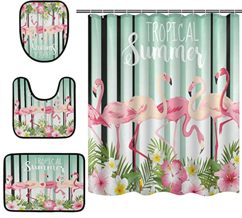 Mnsruu Rideau de douche avec 12 crochets Motif flamant rose, oiseau et fleur