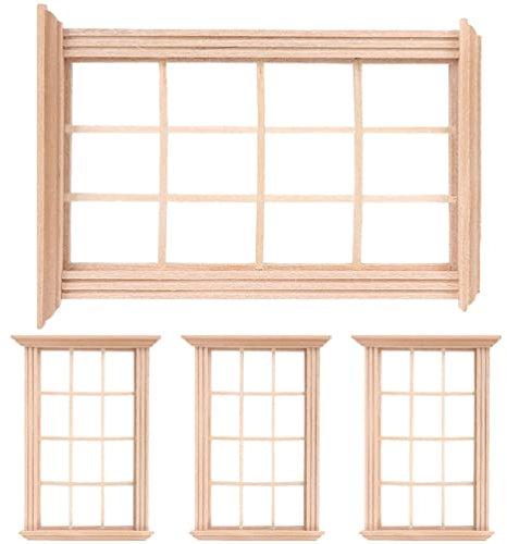 OUNONA 4 Stücke Puppenhaus Fenster Holz Miniatur Holz Fenster Rahmen Puppenhaus Möbel Zubehör 1:12 Windows Foto Requisiten für DIY Basteln Mikrolandschaft Dollhous Zubehör