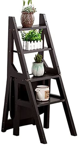 CHEMYO Flower Shelf Foldable Ladder Chair Combination, Home Library Climb Ladder Multifunction Library Steps Bookshelf Display Shelves for Kitchen Bathroom Office