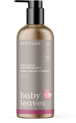 ATTITUDE Liquide Vaisselle Bébé & Biberons, certifié EWG, sans colorants ni parfums, efficace contre résidus de lait, végan, bouteille aluminium, sans parfum, 473 ml