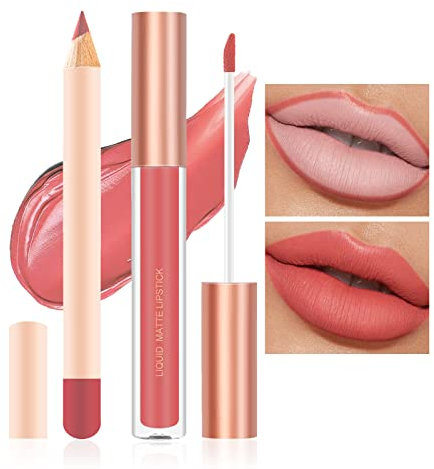 Prreal 2Pcs Lip Liner and Lipstick Makeup Set, Matte Liquid Lipstick + Matching Lip Liner, Nude Velvety Lipstick Makeup Kit Gift Set, Waterproof Long Lasting labiales mate 24 horas originales (03)