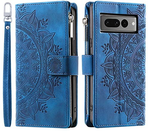 VEEMOS Handyhülle für Google Pixel 7 Pro hülle Klappbar Blumen Handytasche Schutzhülle Klapphülle mit Kartenfach Handy Tasche Book Cover Flip Case Ständer - Blau
