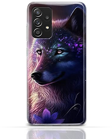 Hülle für Samsung Galaxy A40 Handyhülle Schutzhülle aus Silikon TPU Softcase mit Motiv 3490 mystischer Wolf lila Blüten