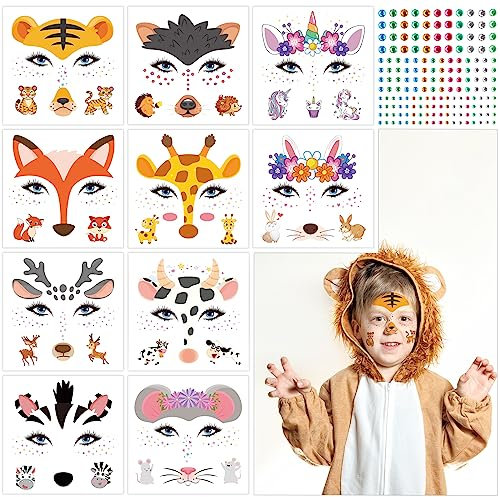 TAROME 11 Blätter Tiere Gesichtstattoo Kinder, Einhorn Glitzer Gesicht Tattoo Tierwelt Cosplay Herbsttiere Temporäre Tattoo mit Bunt Strasssteine für Tierische Mottoparty halloween Herbst