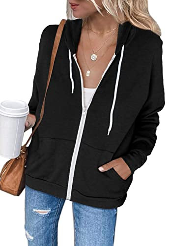 Jhsnjnr Sports Jacket Womens Casual Long Sleeve Zip Up Hoodies Solid Drawstring Hooded Sweatshirts Black