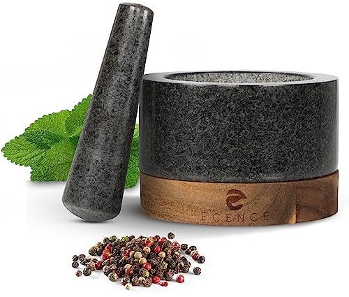 ECENCE Mortier et pilon de Cuisine en Bois d'acacia et Granit - solide mortier pilon cuisine à épices pour un broyage parfait - Grand mortier et pilon Ø11cm
