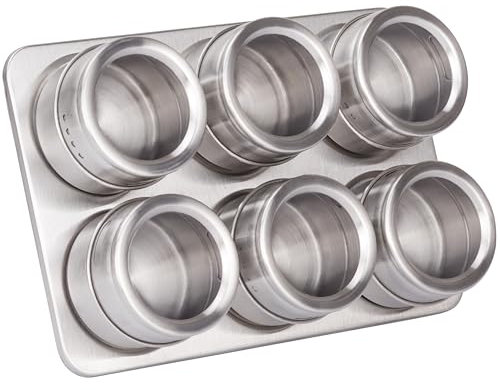 RICOO Ensemble de Pots à Épices GR001, Lot de 6 Pots Magnétiques en Acier Inoxydable, Maître de la Cuisine Avec Bocaux Rangement, Design Unique - 22 x 15,5 x 4,7 cm