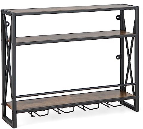 GOPLUS Weinregal Wand mit Glashalter, Wandregal, Flaschenregal mit Metallgestell, Flaschenhalter Weinhalter für Küche & Wohnzimmer (Braun, 80 × 20 × 63cm)