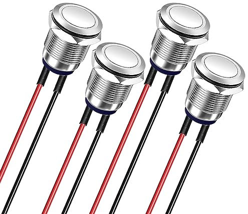 Gebildet 4Stück Vorverdrahtet 12mm 3A 12V/24V/110V/250VAC Wasserdichter Drucktastenschalter Rastender Edelstahl-Drucktastenschalter Ein-Aus (Flachkopf)