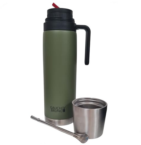 Gaucho Bruno Termo Yerba Mate 3 en 1 - Termo para Yerba Mate con pico cebador pico rojo de alto precision iconico - Incluye Mate y Bombilla - Acero Inoxidable Termico - Capacidad de 1 litro