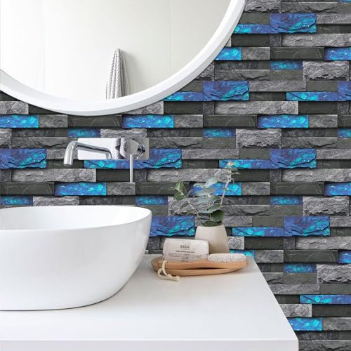 Alwayspon 24Pcs 30x15cm Peel&Stick Wall Sticker Vinly Wallpaper, Waterproof Backsplash for Kitchen Bathroom, Self-Adhesive Tile Transfers Decal Stick on Tiles with Blue Stone Brick Effect