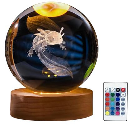 luolety Kristallkugel-Nachtlicht mit Holzständer, 3D-Axolotl-Kristallkugel, dekoratives Nachtlicht mit 16 farbigen LED-Lichtsockel, Fernbedienung für Schlafzimmer, Heimdekoration (6 cm)