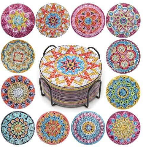 ZEHIQ Diamant Untersetzer Kit - 12 Stück Kunst Malerei Set Mit Halter, Kleine DIY Mandala Untersetzer für Erwachsene und Kinder