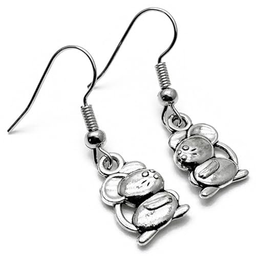 Mouse Charm Earrings - Tibetan Style Metal Charm Beads on Nickel Free Silver Tone Hooks : 32mm