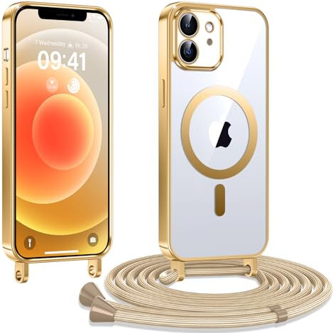 Kokio Handykette Hülle für iPhone 12/ iPhone 12 pro mit Band, Magnetische Transparent Handyhülle Kompatibel mit MagSafe, Kratzfeste Stossfest Schutzhülle mit Einstellbar Kette,Gold