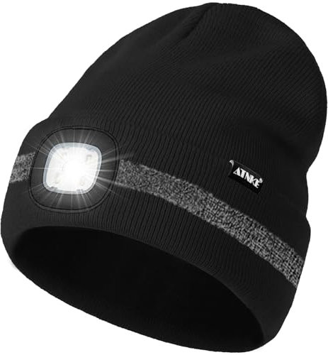 ATNKE LED Mütze mit Licht, Wiederaufladbare USB 4 LED Beleuchtete Laufmütze Extrem Heller Lampe Winter Warme Stricken Mütze mit Reflektierendem Streifen für Herren und Damen Geschenke/Black