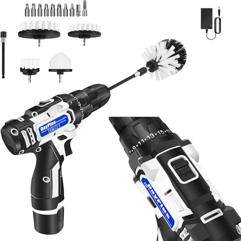 Cordless Power Drill with Cleaning Brushes, 12V 1500mAh Cordless Drill and Screwdriver Brush Head Set, Maximum Torque 45 N.M, 18+1 Positions, Dual Speed 0-400/1400rpm, 0.75 * 0.6 * 0.18 FT
