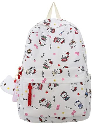 Roffatide Anime 18L Kitty Cat Rucksack Lässiger Tagesrucksack Niedlicher Cartoon-Rucksack Lovely Travel Overnight Bag Kawaii Rucksack mit Schlüsselanhänger Beige