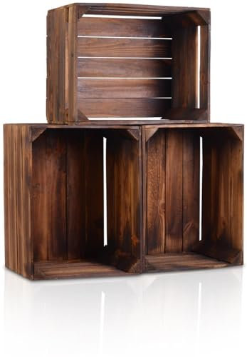 CHICCIE 4 Set Holzkiste im Vintage Look geflammt dunkel 50x40x30cm - Obstkiste