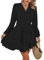 Jiraewh Damen Chiffon Kurz Kleid V-Ausschnitt Langarm Sommerkleid Tunika Kleider Einfarbig Elegant Rüschen Minikleid Casual Swing Skater Partykleid Wickelkleid Hohe Taille mit Gürtel(6019- BK XL)