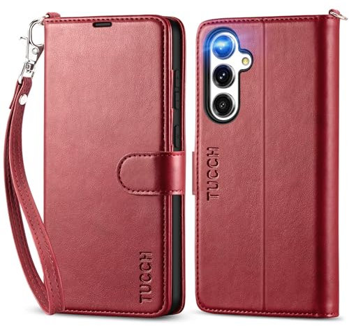 TUCCH Wallet Case for Galaxy S24 FE (6.7) 2024, Magnetic PU Leather Foldable Case with Wrist Strap, RFID Blocking, Credit Card Holder, Shockproof TPU, Protective Stand Cover for Women Men, Dark Red