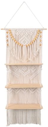 Musihy Boho Deko Schweberegal, Baumwolle Mehrlagig gewebt mit Perlen Display Regal für hängende Pflanzen Fotos für Schlafzimmer, Wohnzimmer, Schlafsaal Zimmer, Beige, 40x109cm