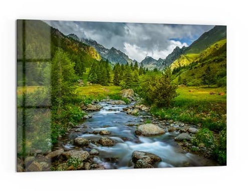 DEQORI Küchenrückwand Glas | Motiv Idyllischer Bergfluss | 60x40 cm cm | Bad- oder Herd-Rückwand | Herdblende Spritzschutz für Küche & Badezimmer | moderne Deko für Fliesenspiegel