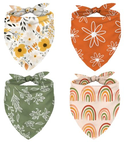 Whaline 4 Pcs Boho Pet Bandanas Spring Daisy Rainbow Floral Flower Dog Scarf Washable Adjustable Triangle Dog Bibs Puppy Neckerchief for Cat Pet Birthday Costume Accessories