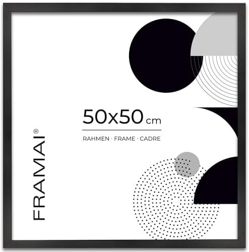 FRAMAI® Bilderrahmen 50x50 cm Schwarz MDF Umweltfreundlichem Rahmen mit Bruchsicheren Plexi, Aufhänger und Aufsteller