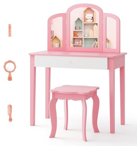 COSTWAY 2 in 1 Kinder Schminktisch Set, Frisiertisch mit dreifach klappbarem Spiegel & Schublade, Prinzessinnen Kosmetiktisch mit Hocker, Schminkkommode für Mädchen (Rosa)