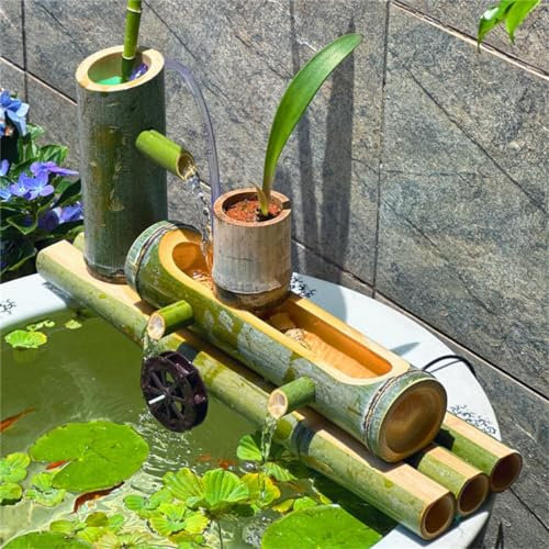 Fontaine solaire en bambou, fontaine à eau aux accents de bambou avec panneau solaire 12 V 6 W/pompe à eau silencieuse/tuyau, kit de fontaines en bambou, pour utilisation intérieure/extérieure