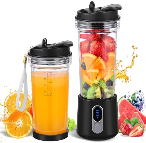 SOLVIEW Batidora Portátil, Mini Licuadora Batidos con 4 Cuchillas, 500ml Batidora de Vaso Portatil, 300W USB Recargable Licuadoras para Zumos y Batidos con Pajita, Tapa de Viaje y Cepillo