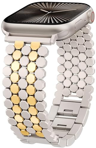 Kompatibel mit Apple Watch Band 41/40/38/44/45/46/49/42 mm Damen, elegantes Waben-Metallarmband, Designer-Gliederarmband in Polarstern/Gold für iWatch Serie 10 9 8 7 6 5 4 3 Ultra SE