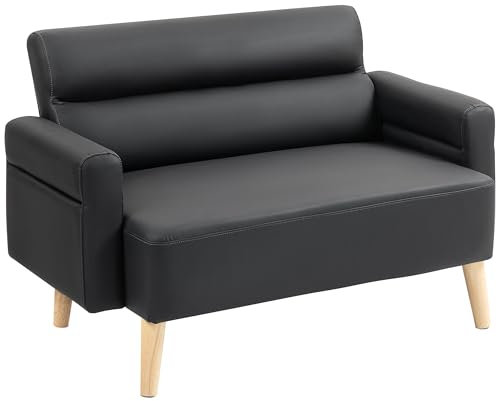 HOMCOM 2 Seater Sofa, Modern Faux Leather Couch Settee, Upholstered Small Sofa Loveseat with Wood Legs, Side Pocket for Living Room, Bedroom, Office, Black