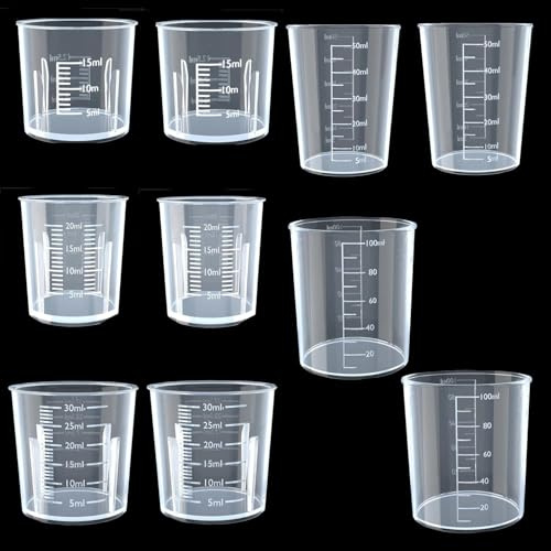 10Pcs Plastic Liquid Measuring Pots, 15ml/20ml/30ml/50ml/100ml Clear Kitchen Medicine Cups, Transparent Labs Graduated, Beakers Baking Cooking Home, Lab Measure Tool
