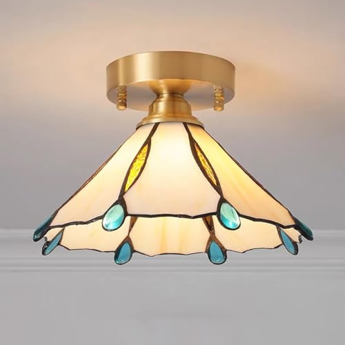 OOWOKS Vintage Deckenlampe aus Messing Tiffany Stil Deckenleuchte mit Weiß Glas Lampenschirm Retro Kleine Kronleuchter Handgefertigt Rustikaler Stil Deko Lichter Wohnzimmer Flurlampe Esszimmerlampe