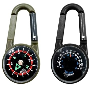 RTRTGS 2 Stück Kompass mit Karabinerhaken Thermometer, 3-in-1 Multifunktionaler Tragbarer Karabiner aus Metall, Minikompaß Schlüsselanhänger für Camping und Wandern.