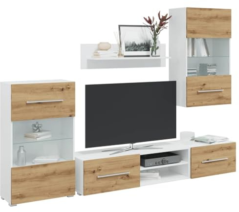 Holamys 5-TLG. Wohnwand mit LED-Beleuchtung, Artisan-Eiche Holzwerkstoff, modernes Design, viel Stauraum, für Wohnzimmer, 180 cm breit