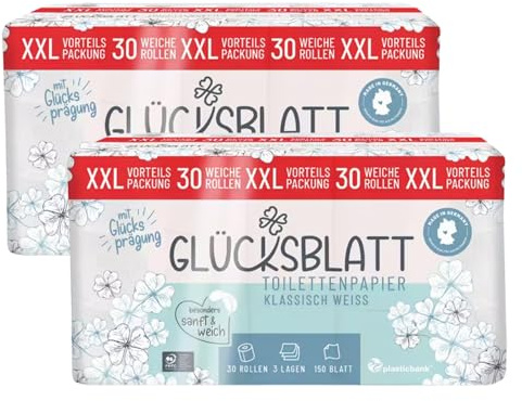 GLÜCKSBLATT Toilettenpapier 3-lagig – 60 Rollen – 150 Blatt pro Rolle – besonders weich & sanft – aus 100% Frischzellstoff – Made in Germany & HLKauf-Block
