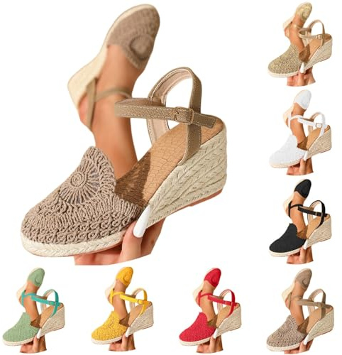 Leaomuny Espadrillas Donna Zeppa Alta Eleganti,Scarpe In Tela Estive con Lacci con Cinturino Fibbia,Sandali Plateau Traforate Boho,Sandalo Chiuso Donna Morbido Casual Chic,Platform Vacanze Spiaggia