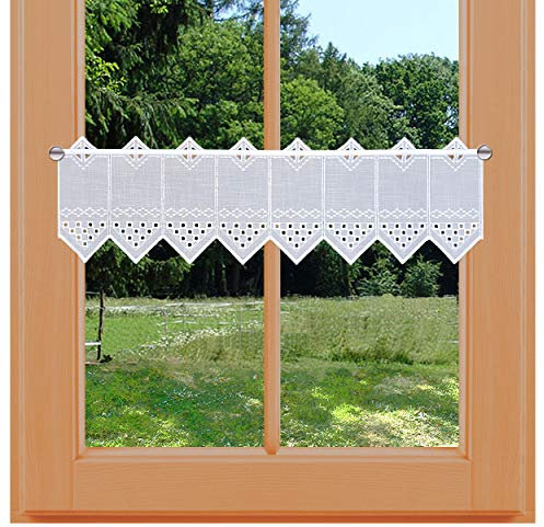 kollektion MT Scheibengardine Kurzgardine Kayla Feenhausgardine Vogtländischer Spitze weiß mit Lochstickerei auf leichtem Batist mit Käseleinen-Struktur 20 x 160 cm