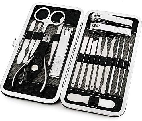 Manicure Pedicure Set Nail Clippers Kit 18 Pcs Stainless Steel Hygiene Kit Portable Nail Trimming set and Grooming Tools with Fine Leather Case [Gift Box] (18 PCS - Black)